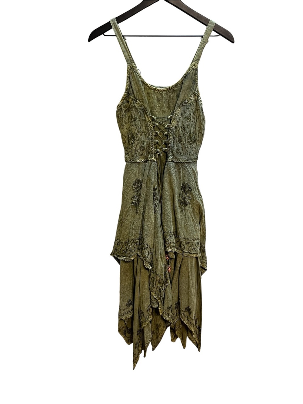 Fairycore Olive Green Lace-Up Handkerchief Hem Dress one size - Picture 5 of 15